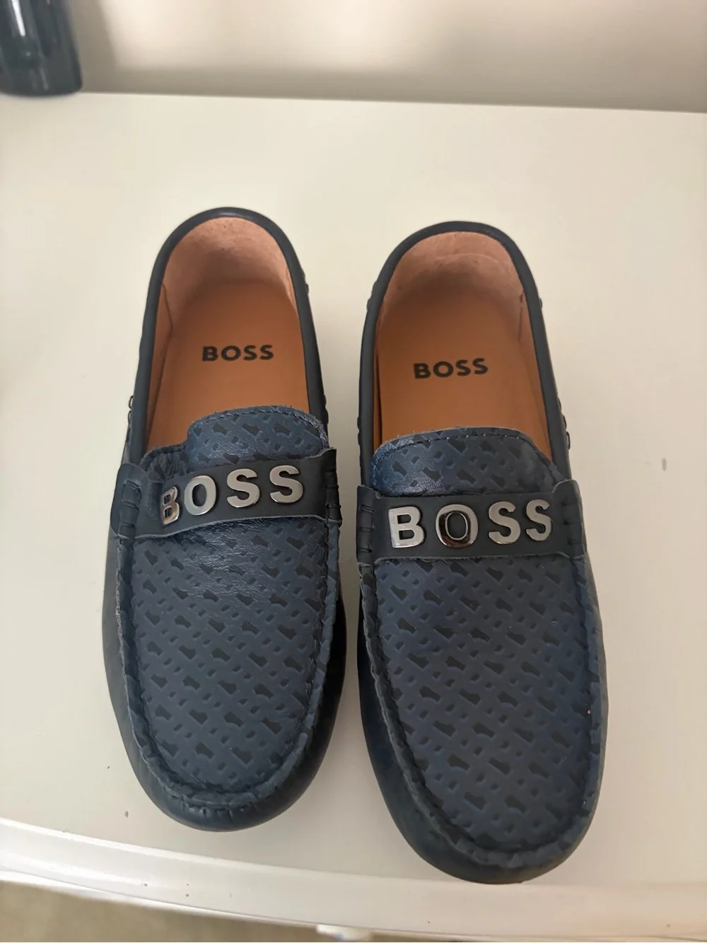 Boss Navy Textured Leather Loafers with Metal Logo
